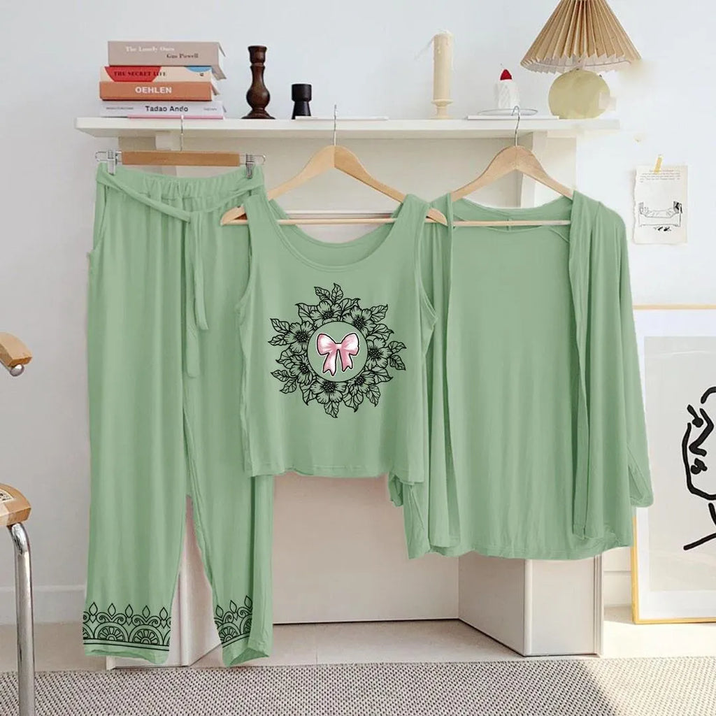 Green Printed 3-Piece Women's Night Suit with Pink Bow