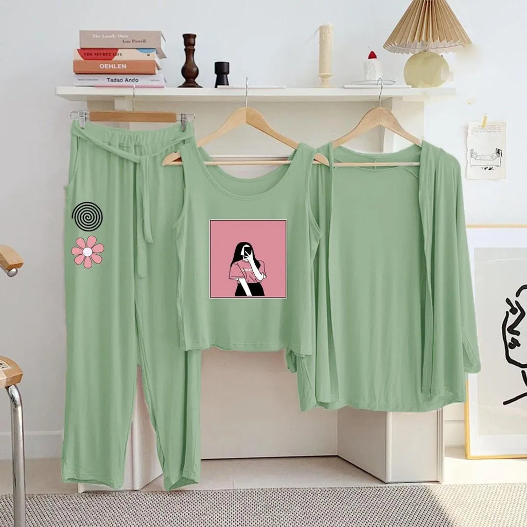 Green Printed 3 Pcs Women's Jersey Night Suit