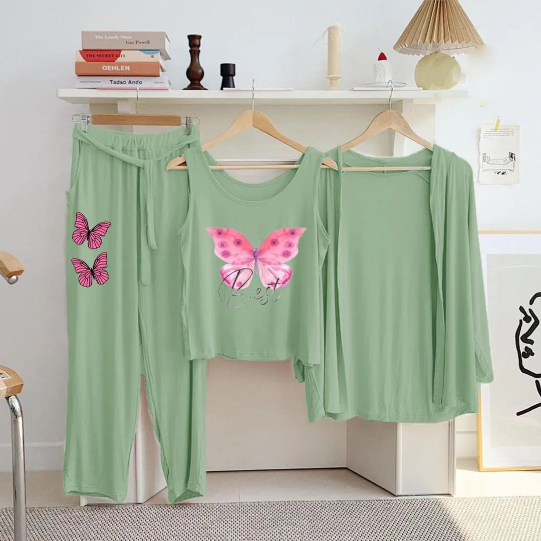 Green Printed 3 Pcs Women Night Suit Jersey