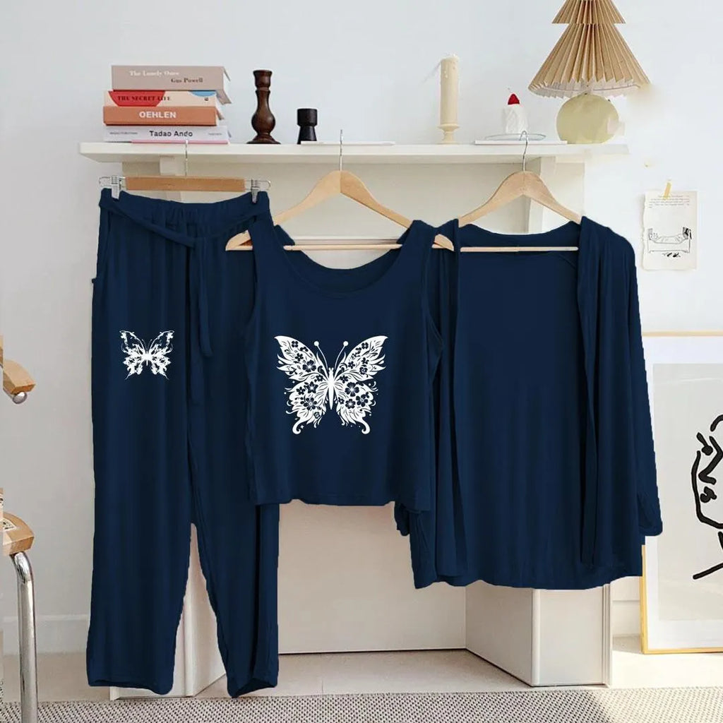 Blue Butterfly Print 3-Piece Night Suit Set