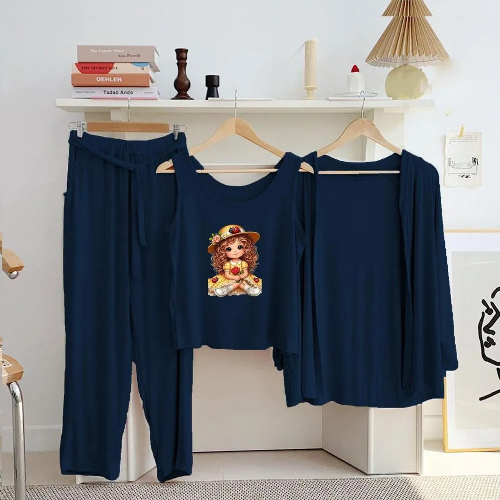 Blue Printed 3 Pcs Women Night Suit Jersey