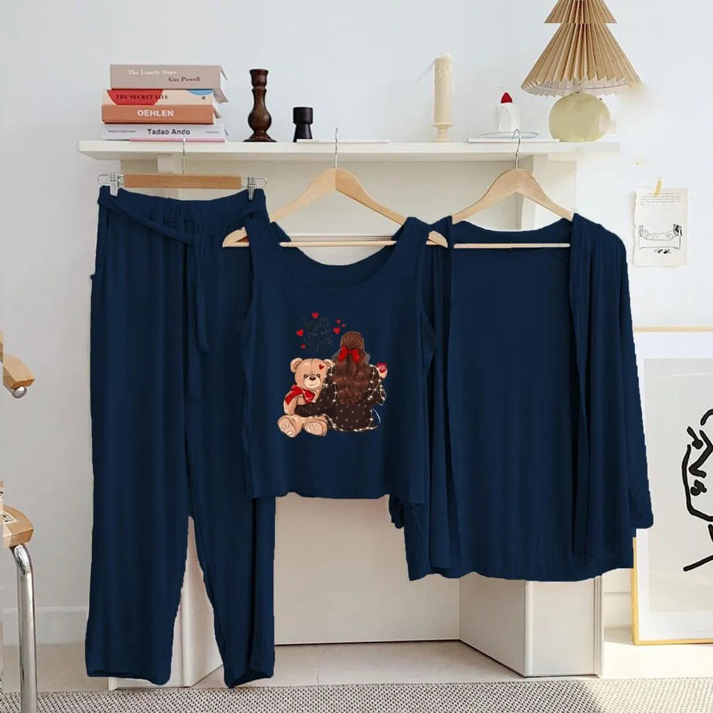 Blue Printed Night Suit with Teddy Bear Design for Women
