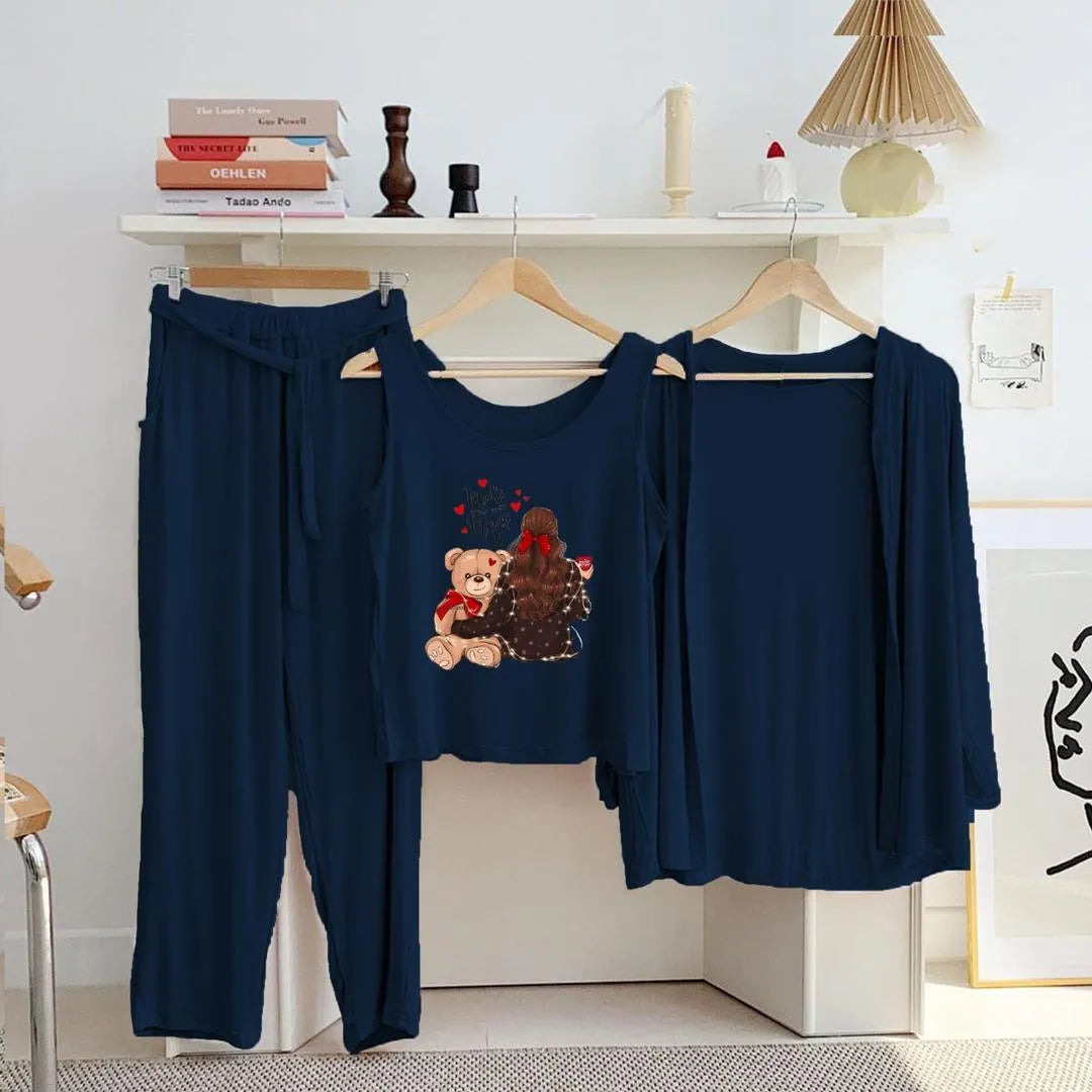 Blue Printed Night Suit with Teddy Bear Design for Women