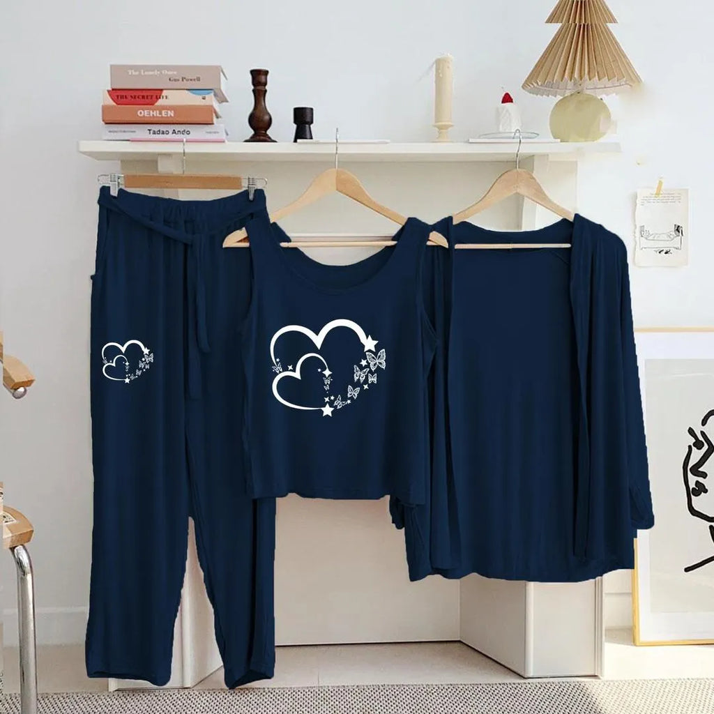 Blue Printed 3 Pcs Women's Jersey Night Suit