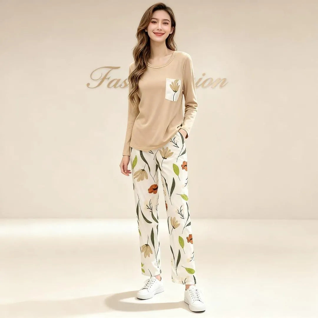 Women's Printed Jersey Night Suit Beige Medium to XL
