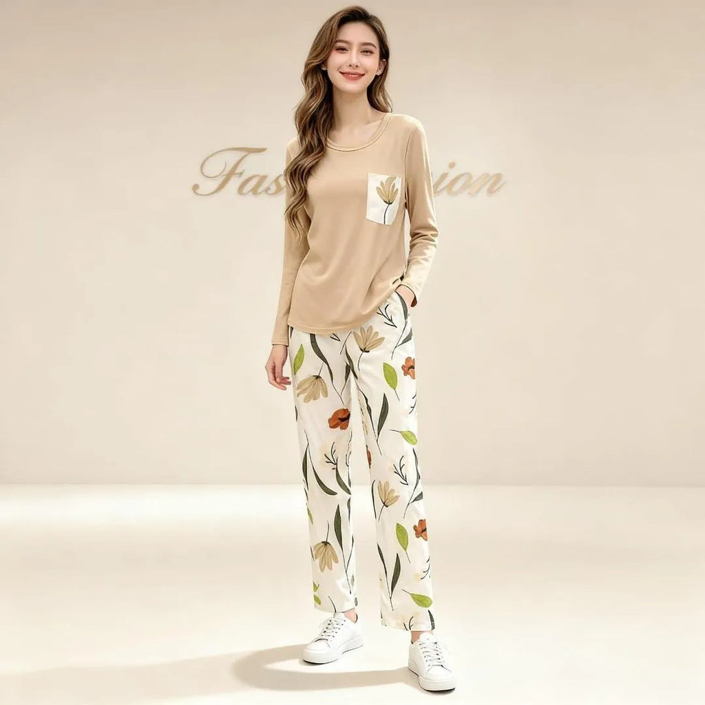 Women's Printed Jersey Night Suit Beige Medium to XL