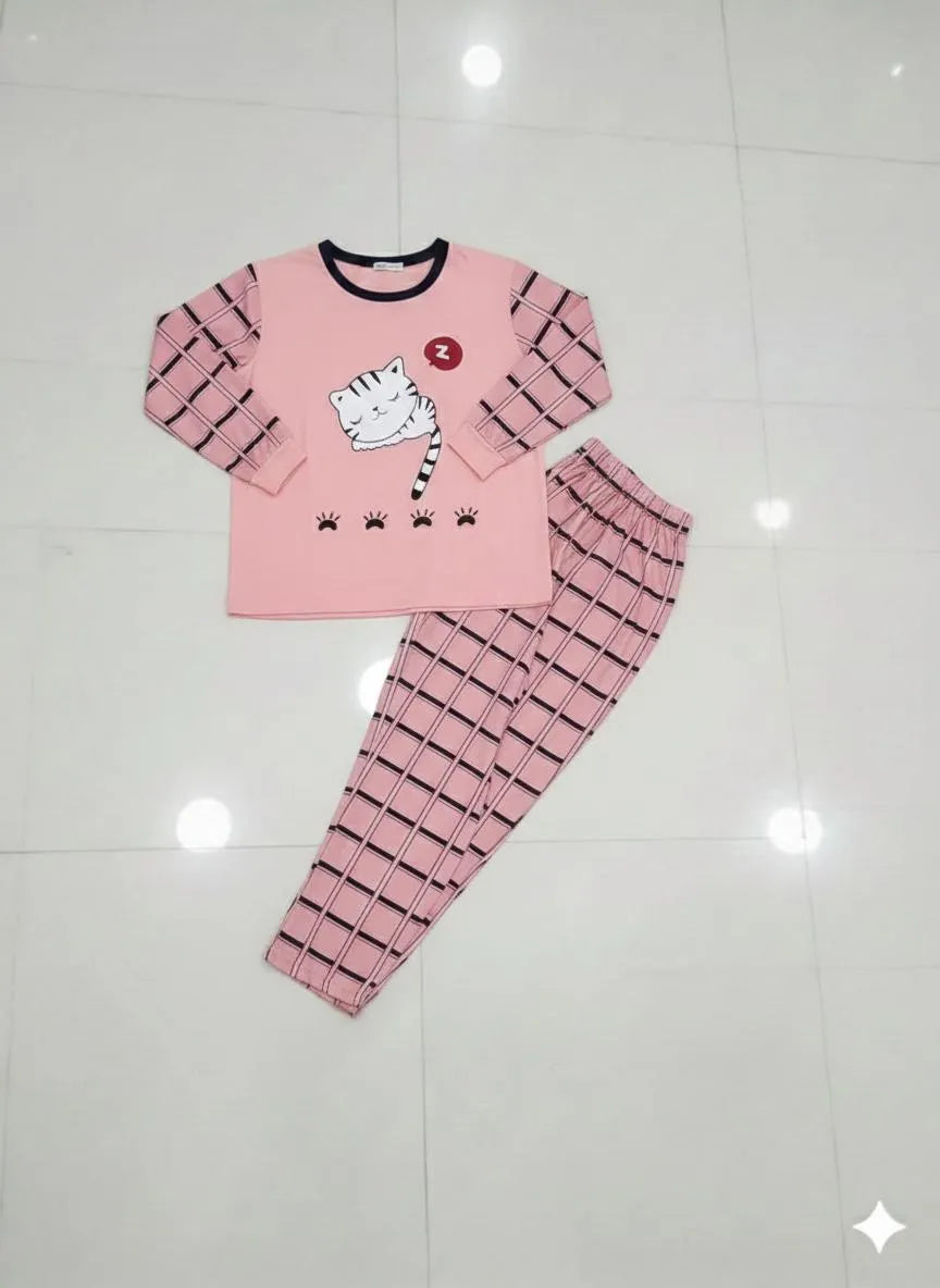 Pink Cat Print Night Suit for Women Medium to XL