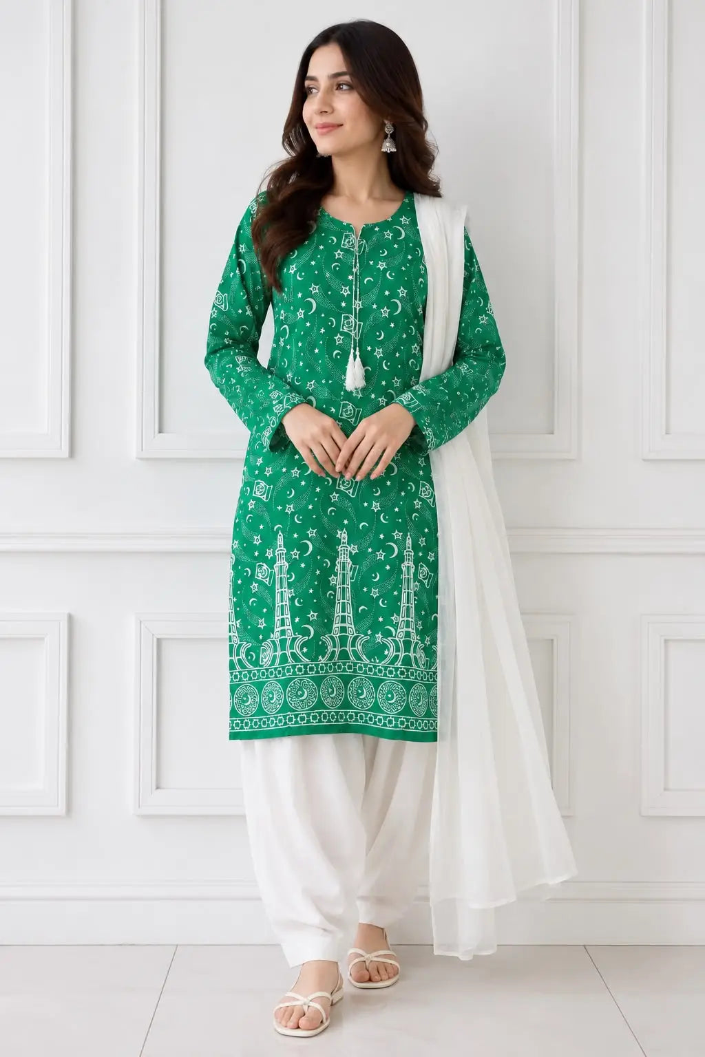 3 Pcs Women's Stitched Arabic Lawn Block Printed Suit with Shalwar