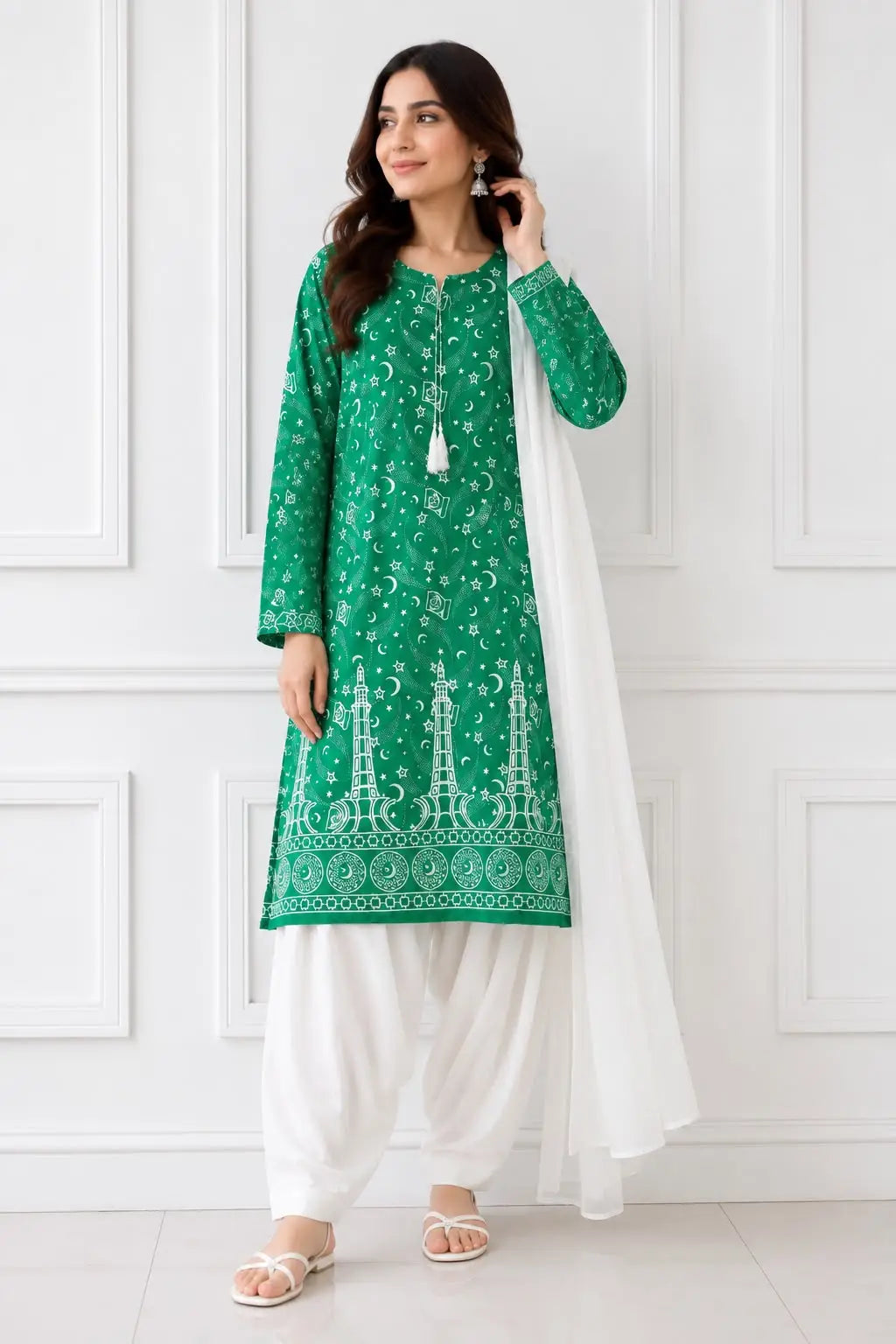 3 Pcs Women's Stitched Arabic Lawn Block Printed Suit with Shalwar