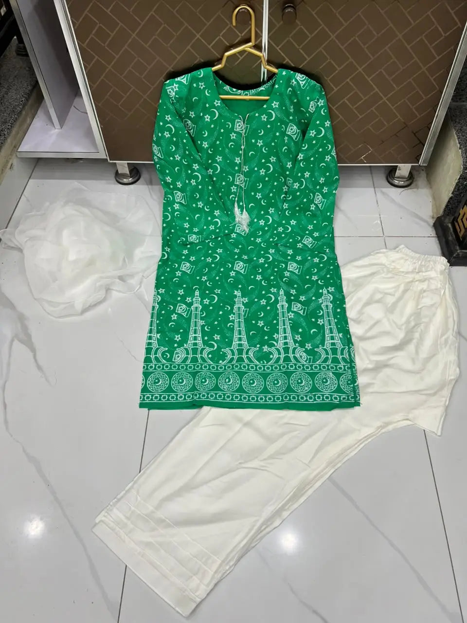 3 Pcs Women's Stitched Arabic Lawn Block Printed Suit with Shalwar