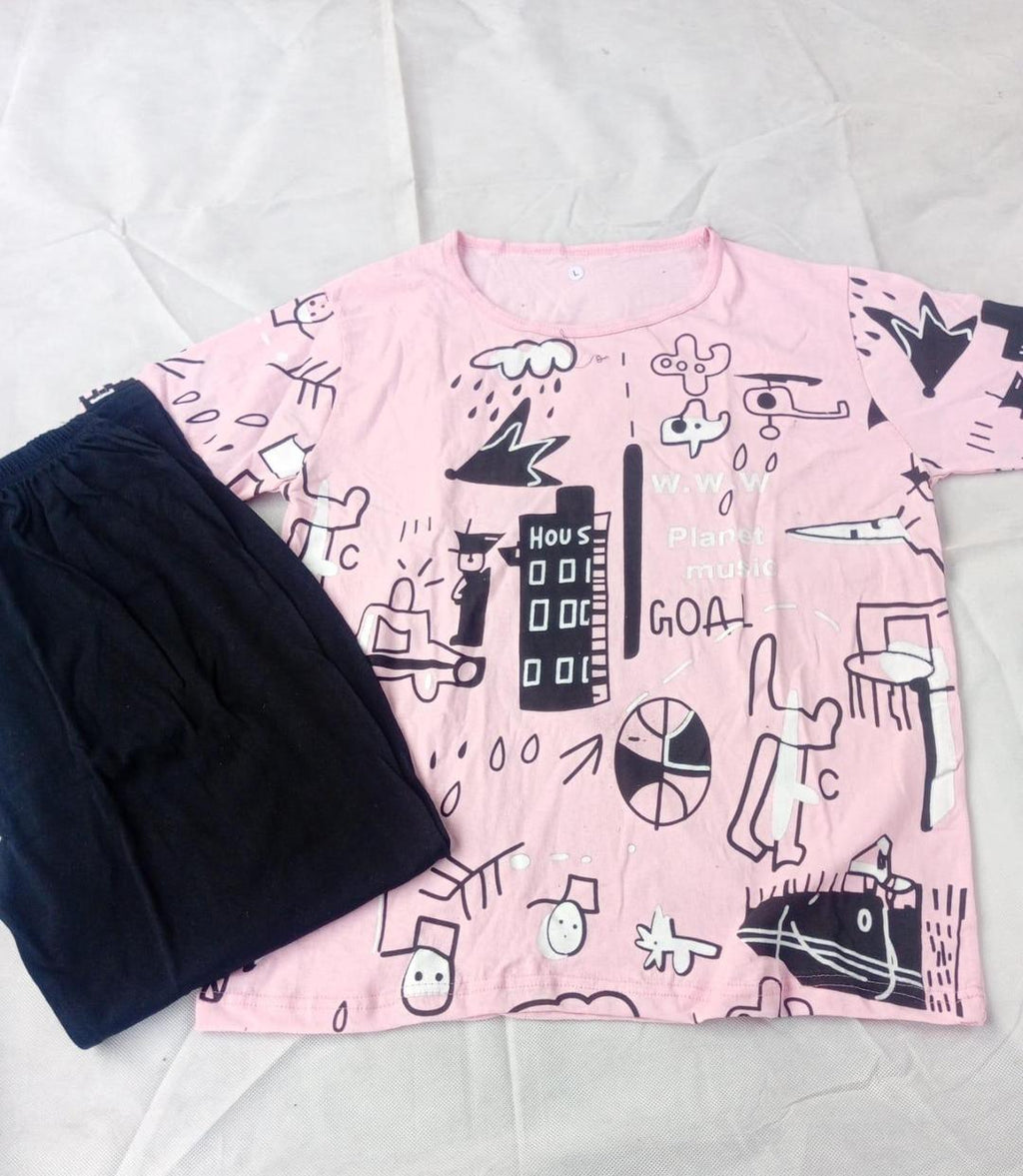 Comfortable Cotton Jersey Printed Night Suit - 2 Pcs Set