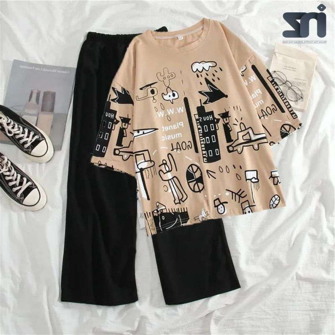 Comfortable Cotton Jersey Printed Night Suit - 2 Pcs Set